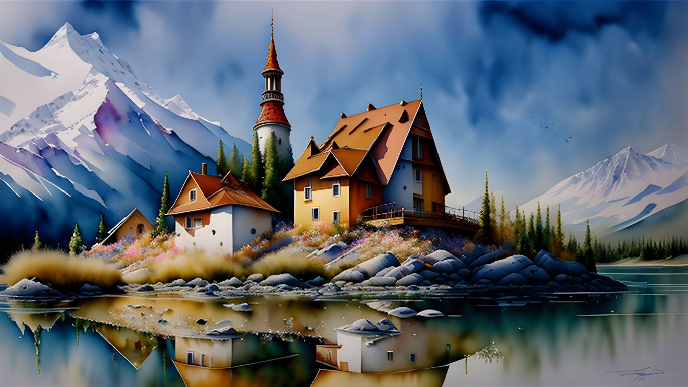 Scenic Alpine village with lake, mountains, and tower