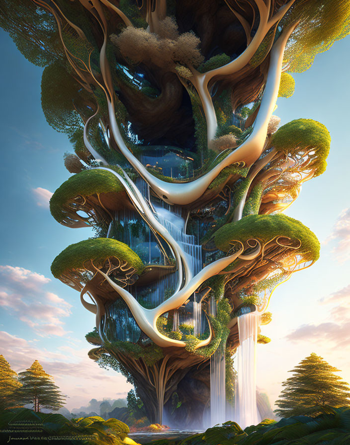 Fantastical tree with intricate branches and waterfalls against clear blue sky