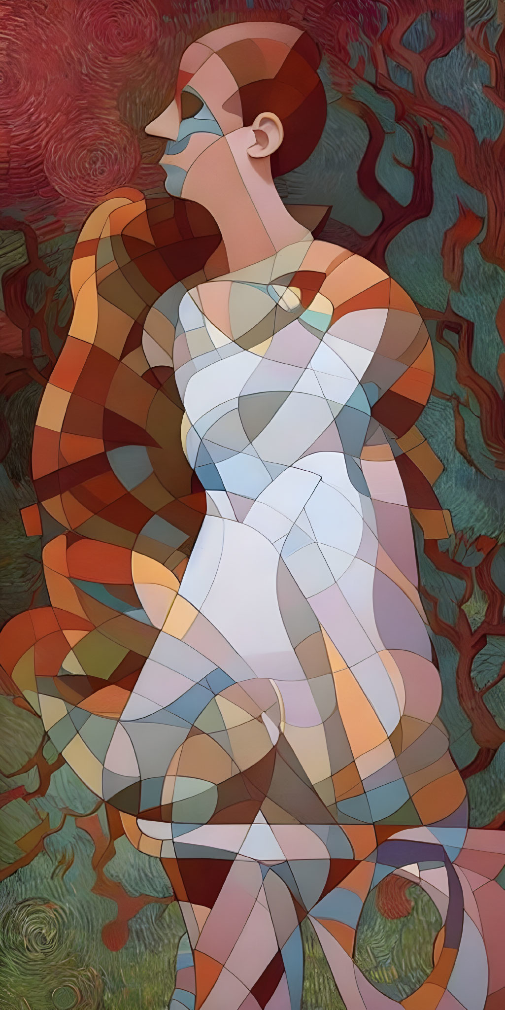 Cubist art: Angular figure with wings on vibrant backdrop