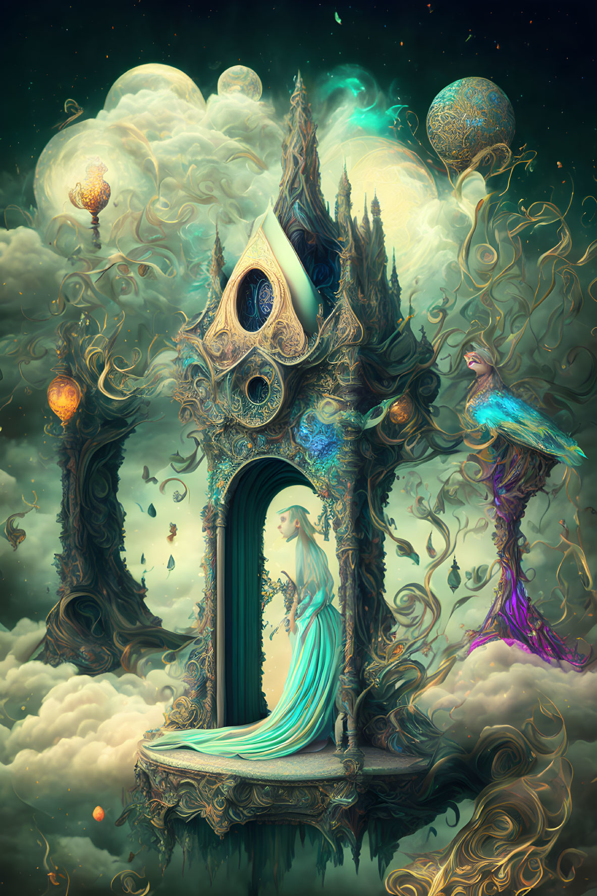 Woman in flowing dress in surreal tree doorway with colorful bird and floating orbs