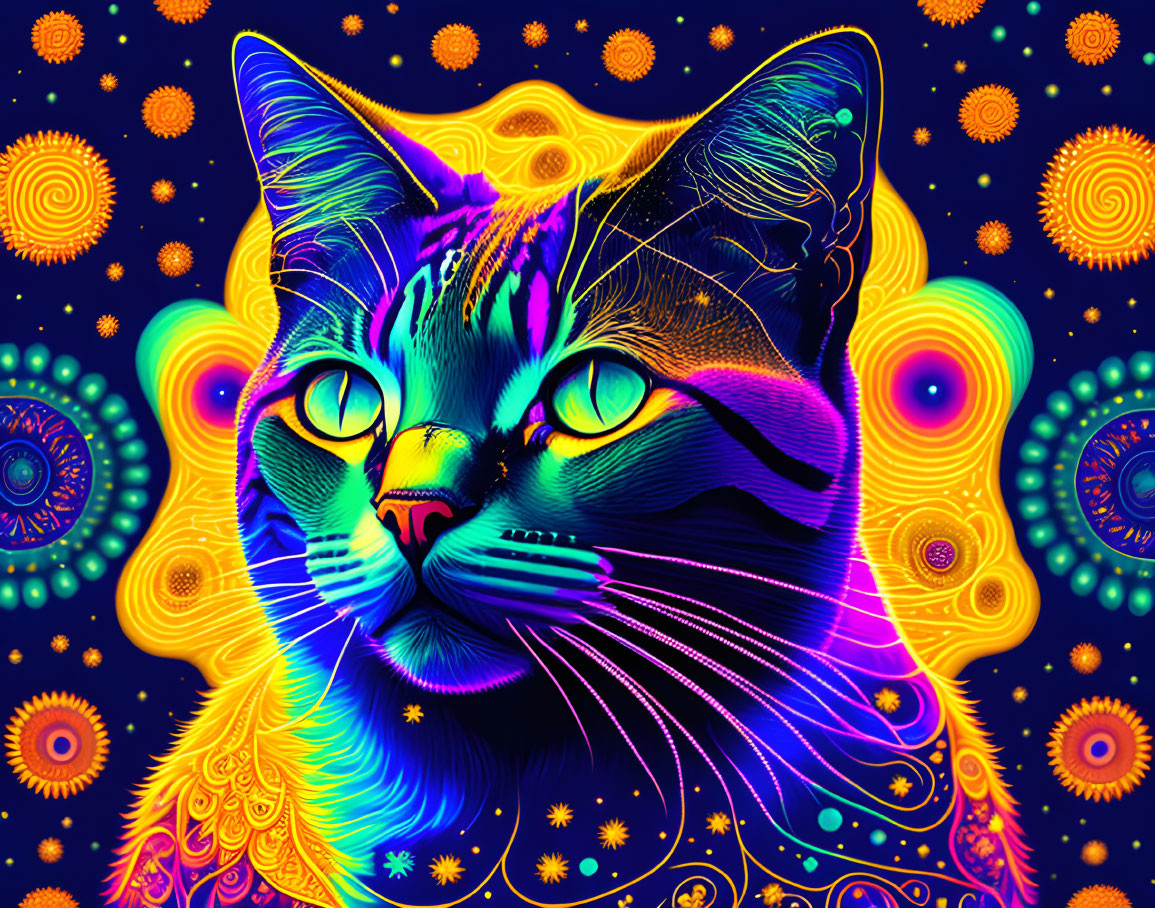 Colorful Psychedelic Cat Art on Dark Ornate Background