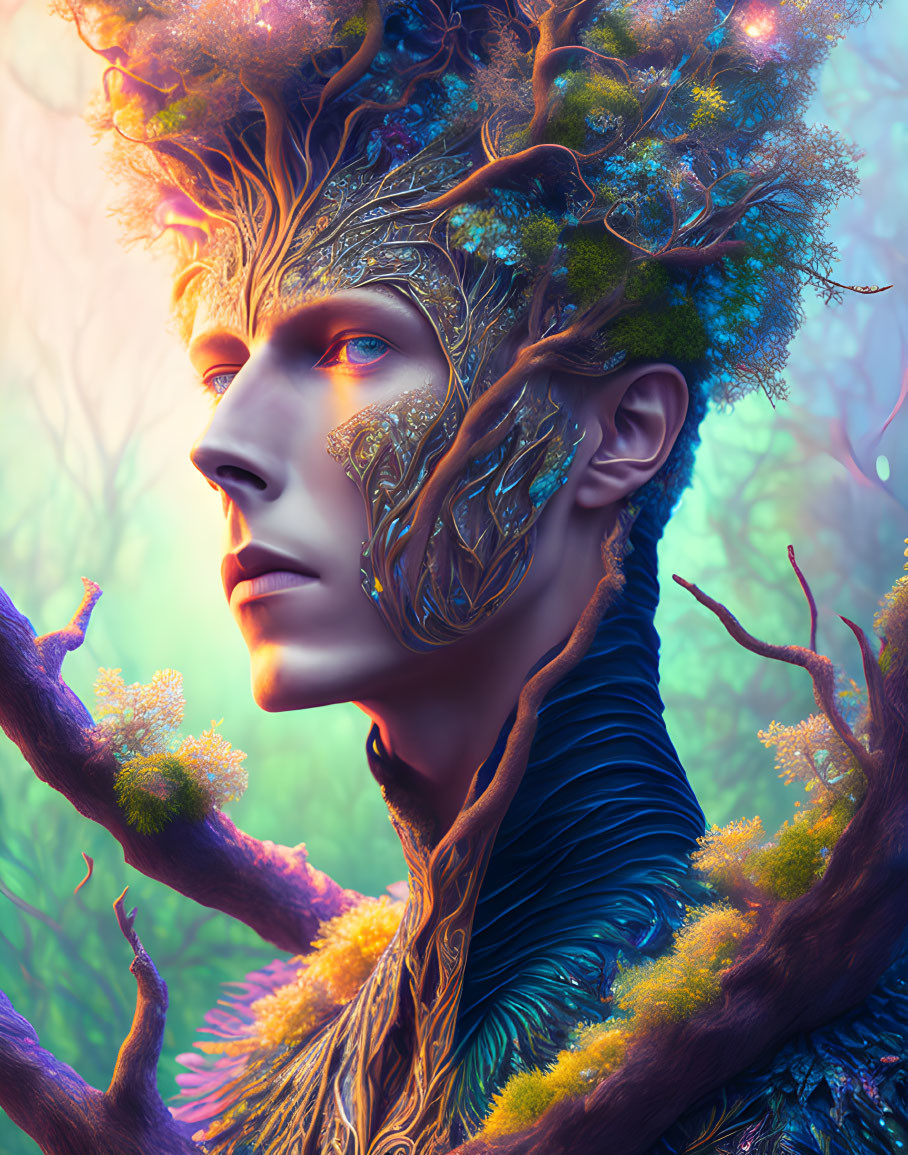 Vibrant portrait of person with tree-like features and nature-inspired details