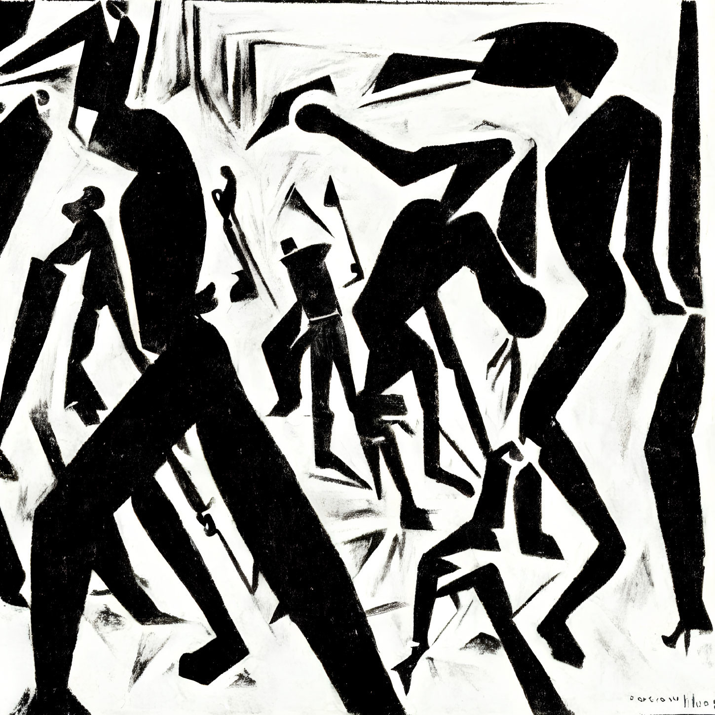 Monochrome abstract painting with stylized human figures and dynamic shadows