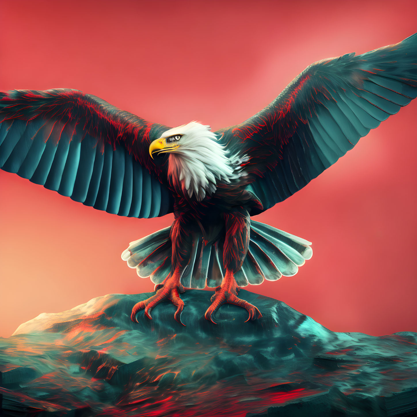 Majestic eagle with outstretched wings on rock against red backdrop