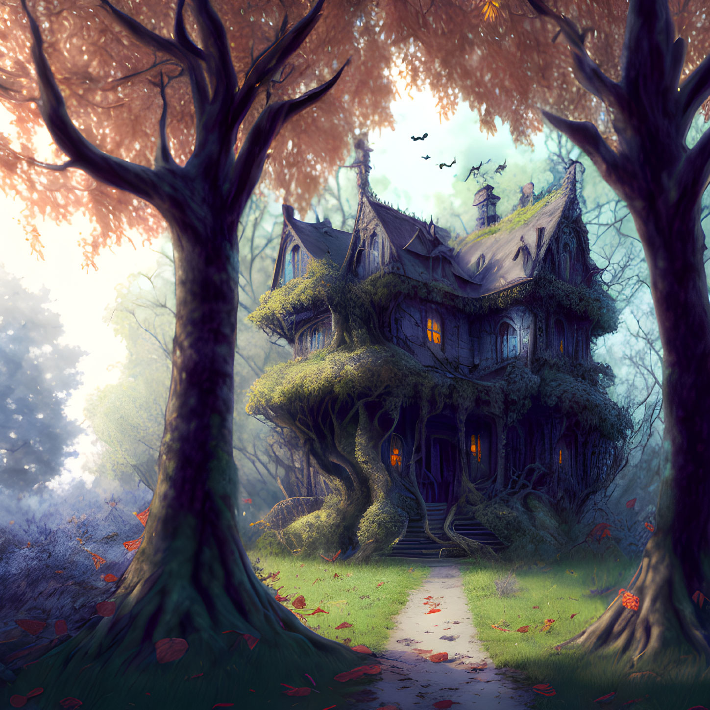 Illustration of ivy-covered house in mystical forest with glowing light and flying birds