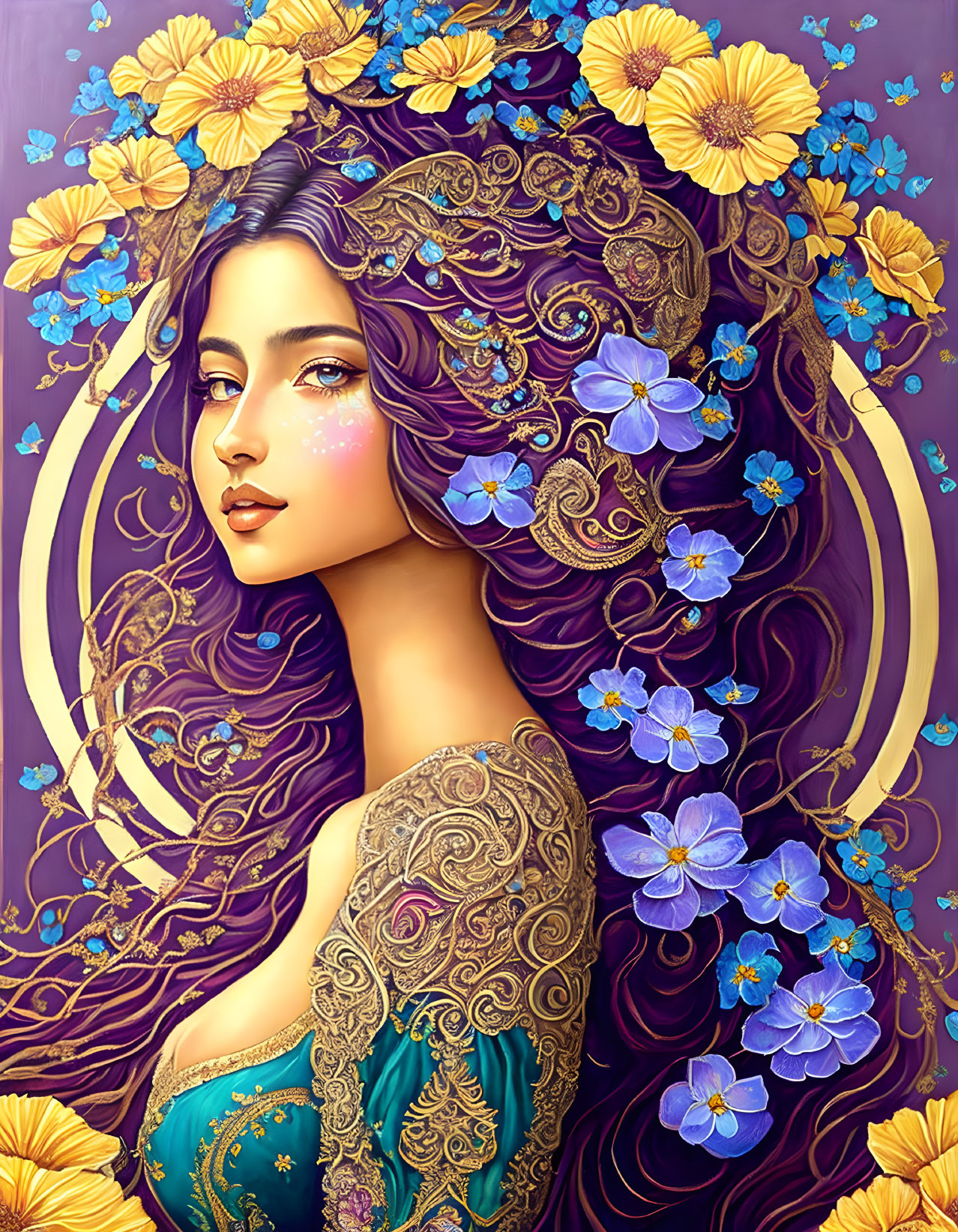 Illustrated woman with purple flowing hair and floral adornments in green dress