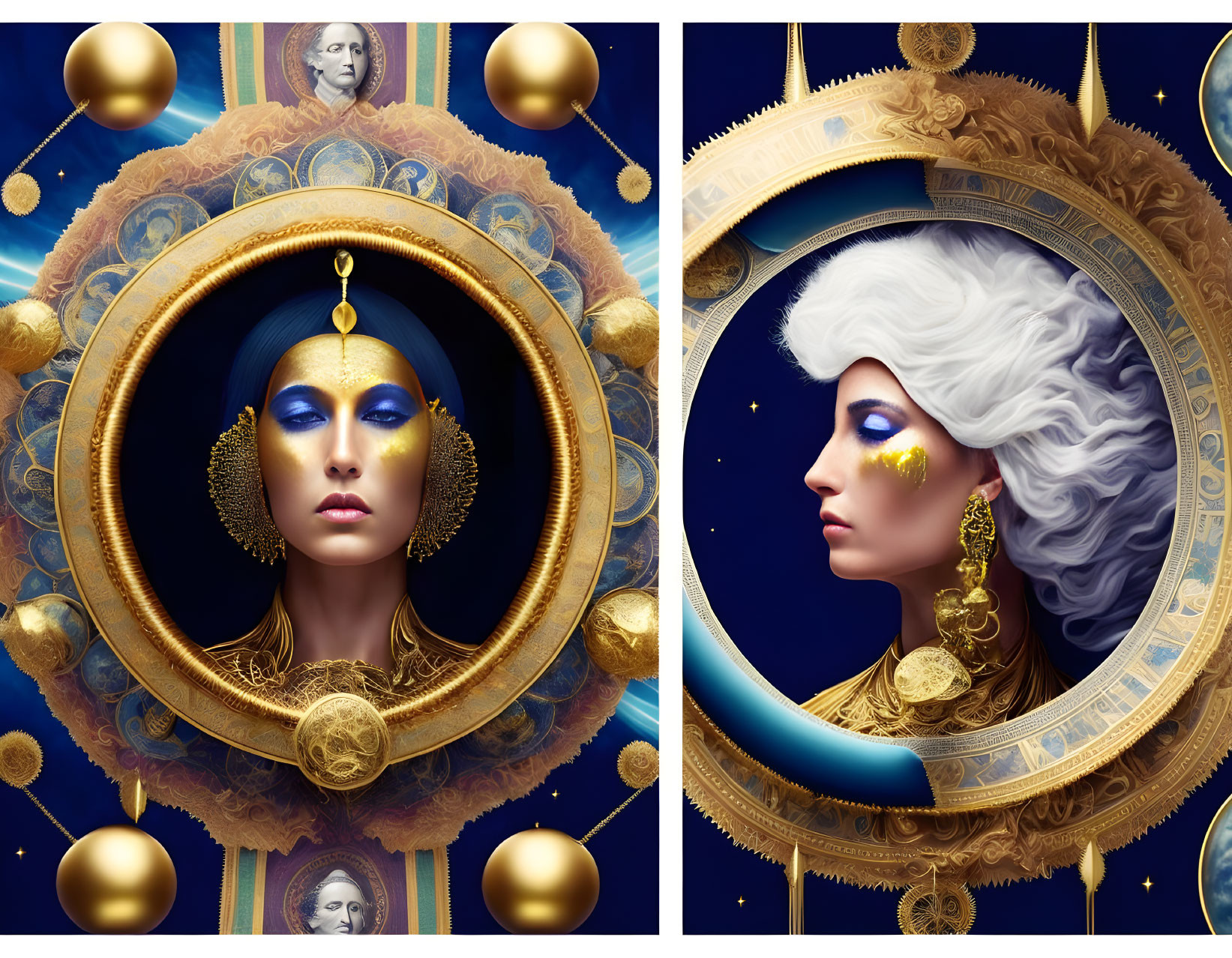 Artistic portraits of women with gold accessories in cosmic setting