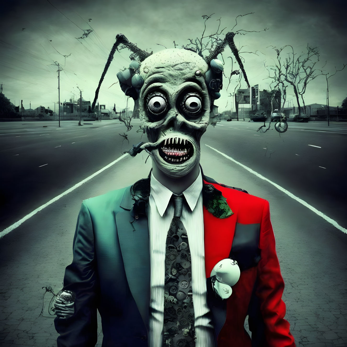 Surreal character with bug-like head in mismatched suit on desolate street