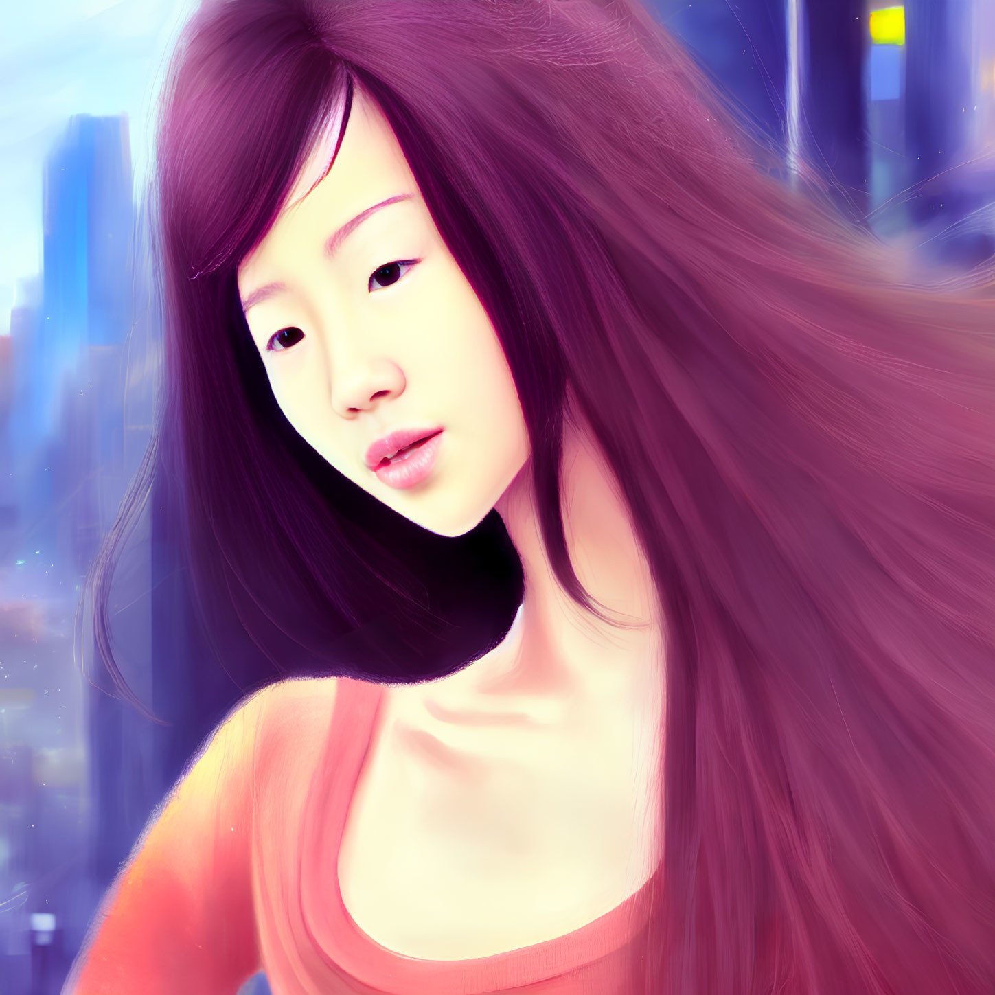 Digital artwork: Young woman with flowing hair against vibrant cityscape.