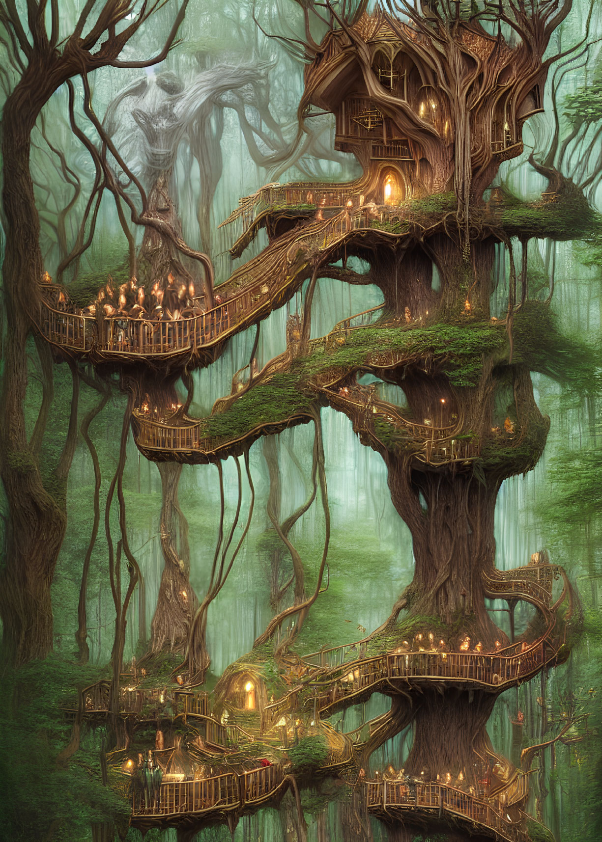 Fantastical multi-level treehouse in ethereal forest with lanterns