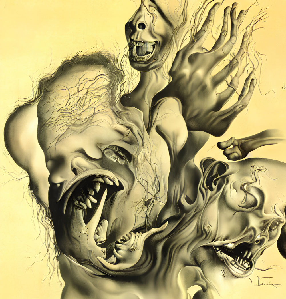 Surreal sepia-toned artwork: three distorted faces with exaggerated expressions intertwined with hair-like wis