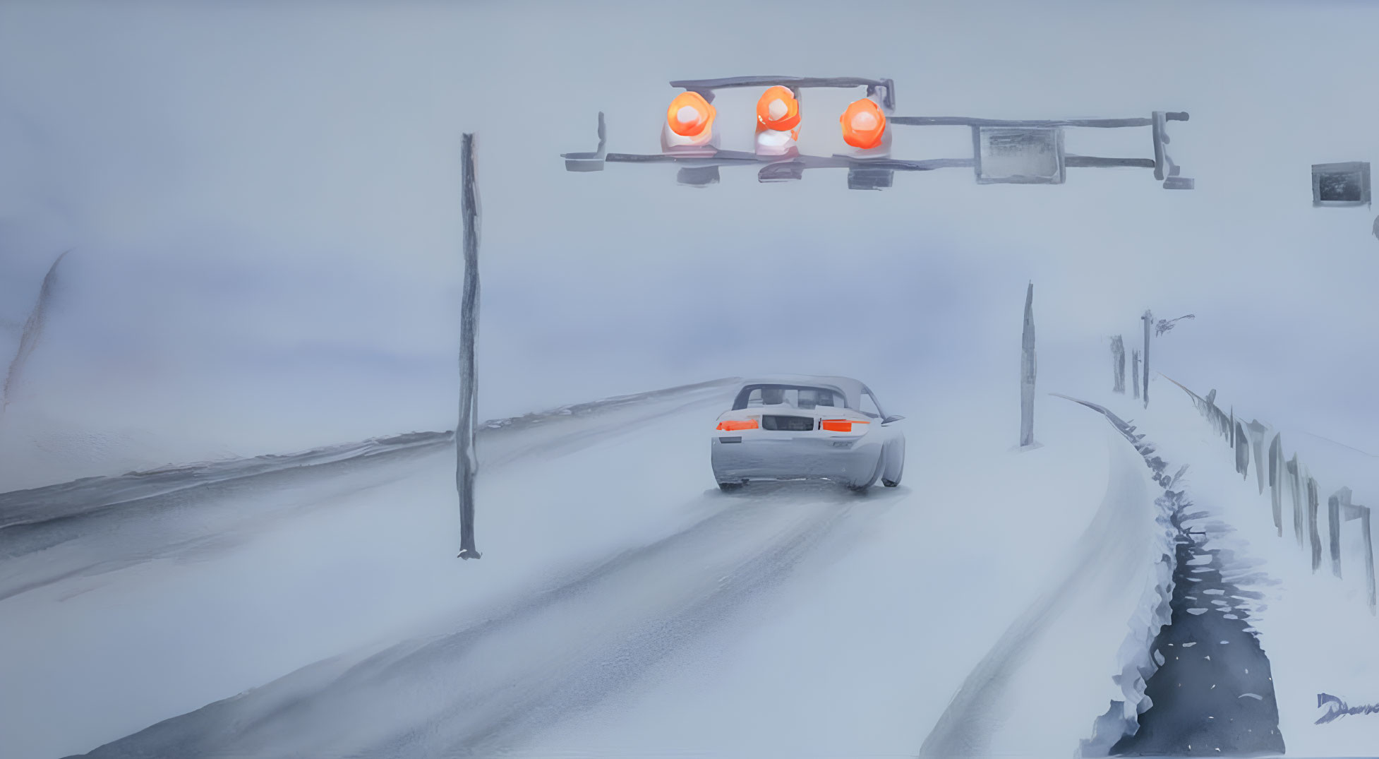 Snowy Road: Car Passing Orange Traffic Light in Winter Landscape