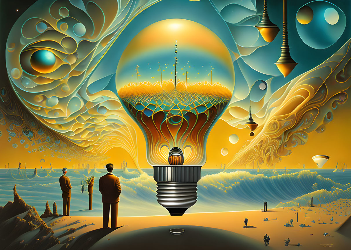 Surreal landscape with figures and electric bulb-shaped structure