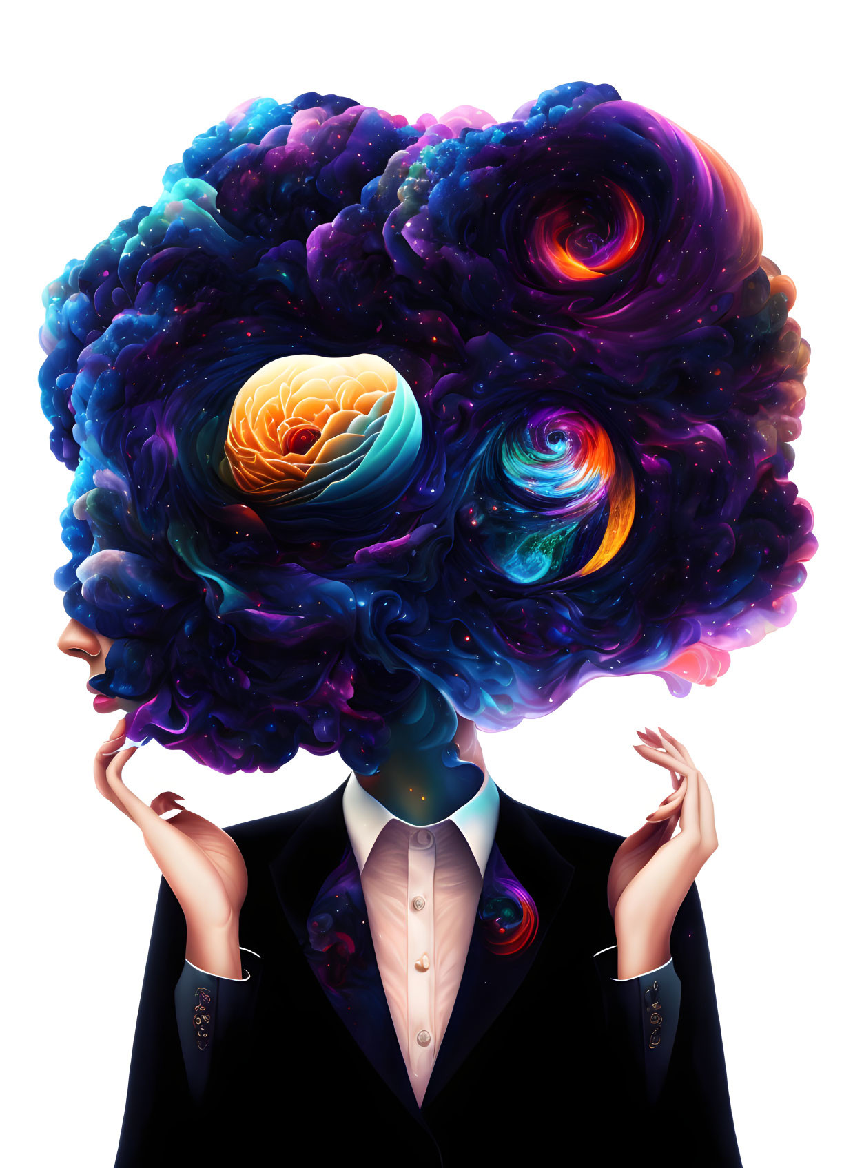 Vibrant galaxy-filled afro on person in suit gesturing