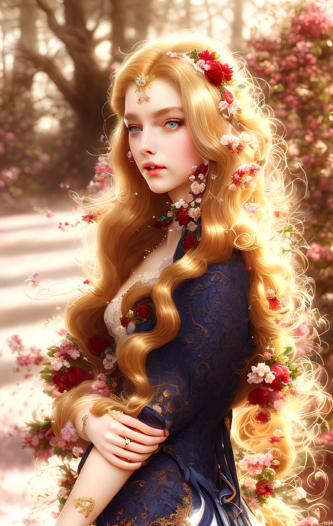 Illustrated Woman with Golden Hair and Blue Gown in Floral Setting