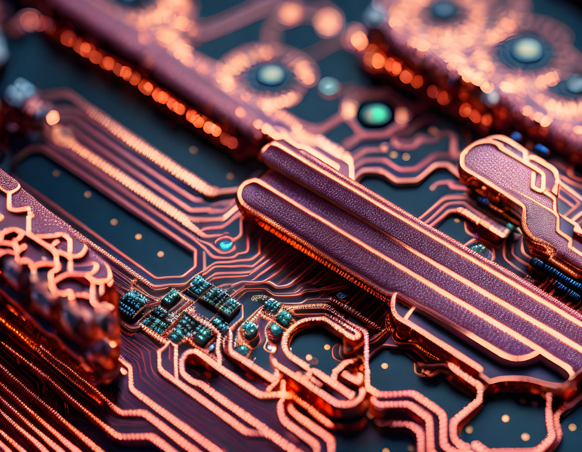 Detailed view of illuminated circuit board with electronic components and traces