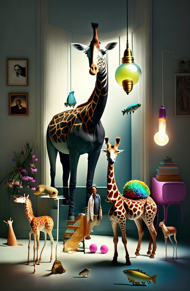 Whimsical room with giraffes of various sizes and man with lightbulbs