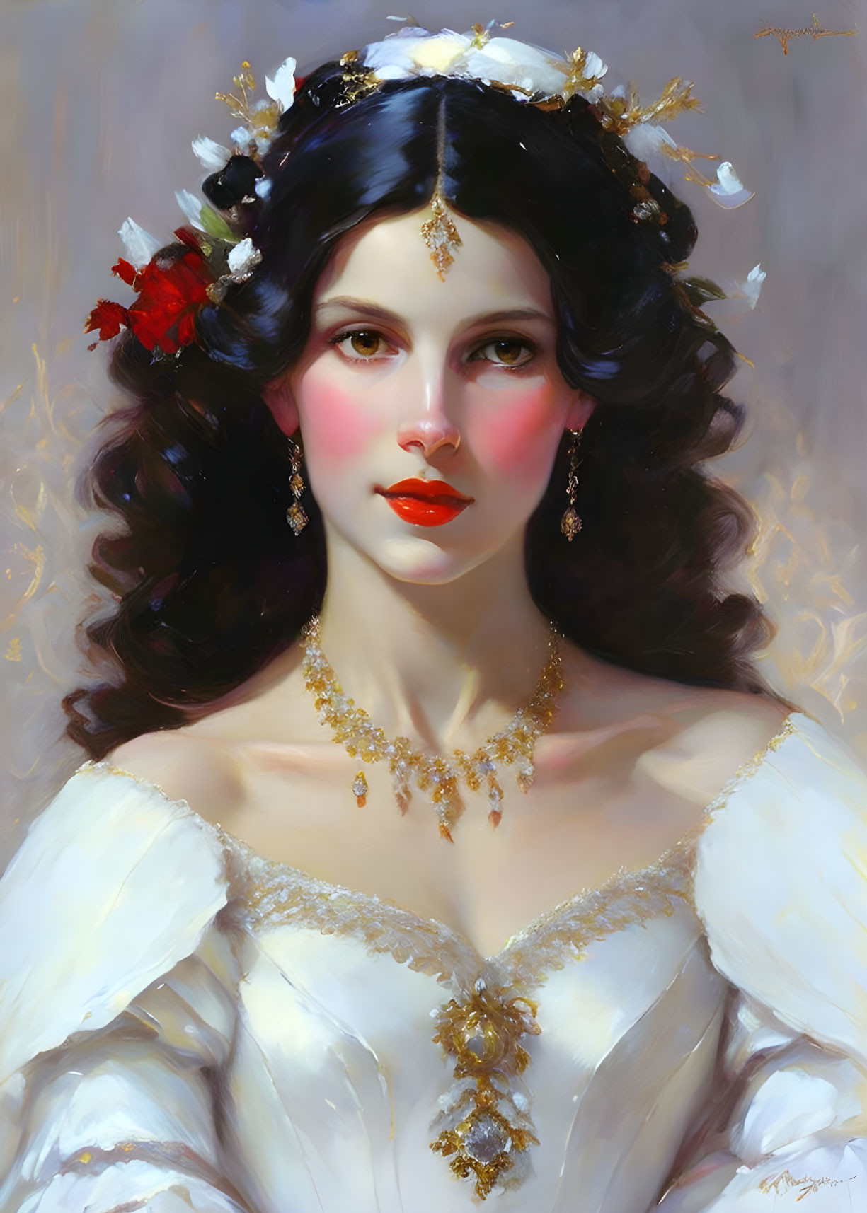 Detailed painting of woman with dark hair, flowers, jewelry, white dress