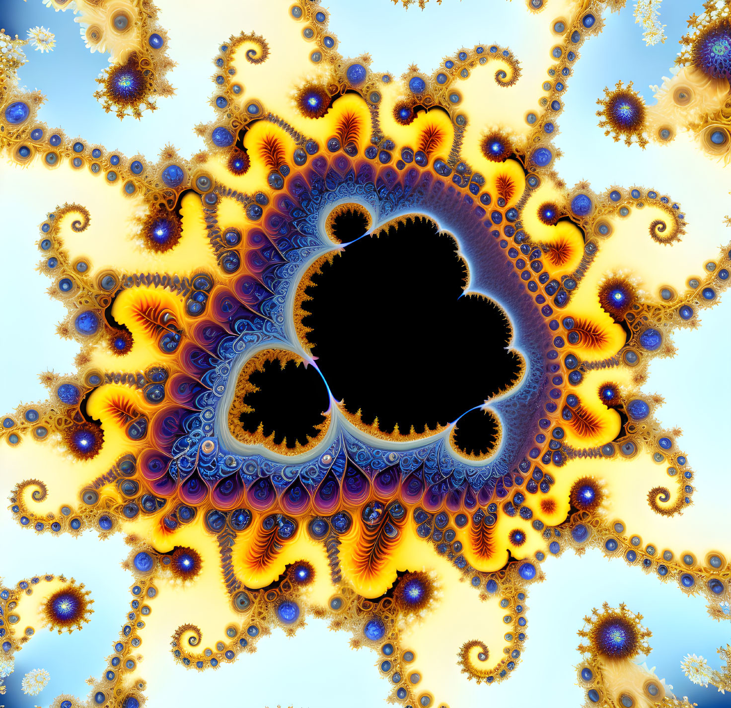 Colorful Fractal Art: Central Black Void, Blue and Orange Feather-Like Patterns