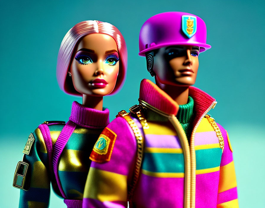 Colorful dolls in fashionable outfits against teal backdrop