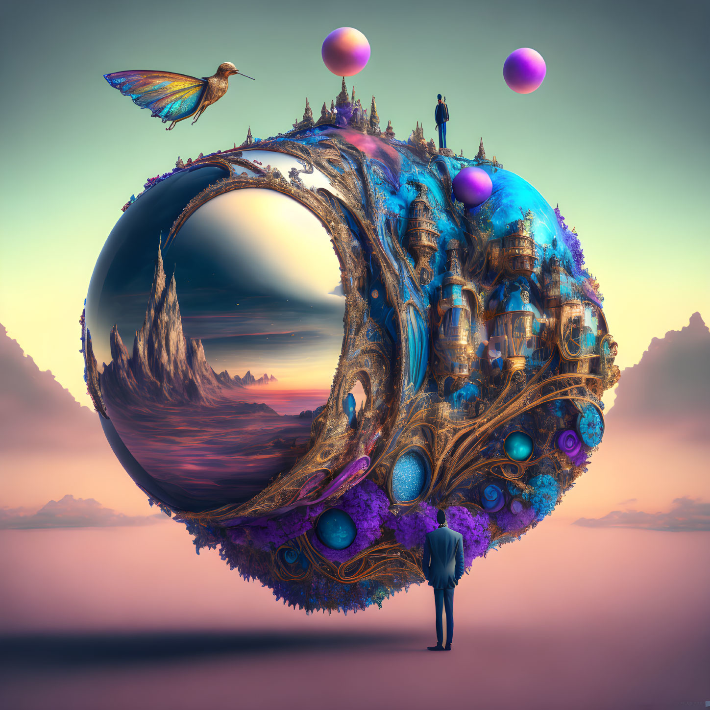 Person on surreal floating island with gothic buildings, hovering spheres, and giant bird