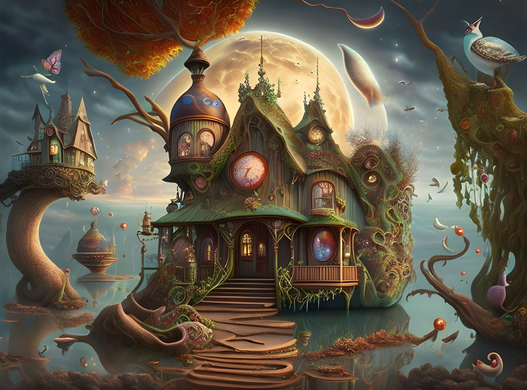 Fantasy landscape with magical treehouse and peculiar creatures