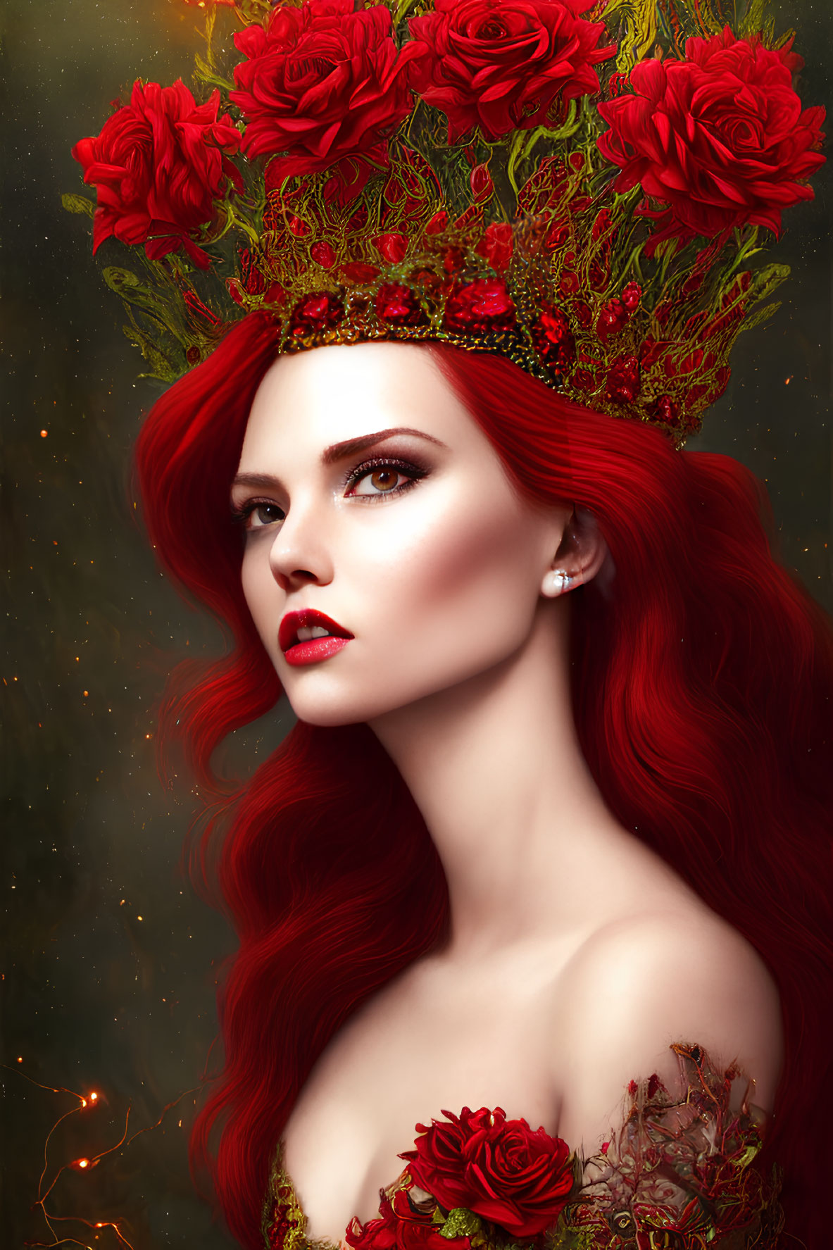 Detailed digital artwork: Woman with red hair and rose crown, mystical ambiance