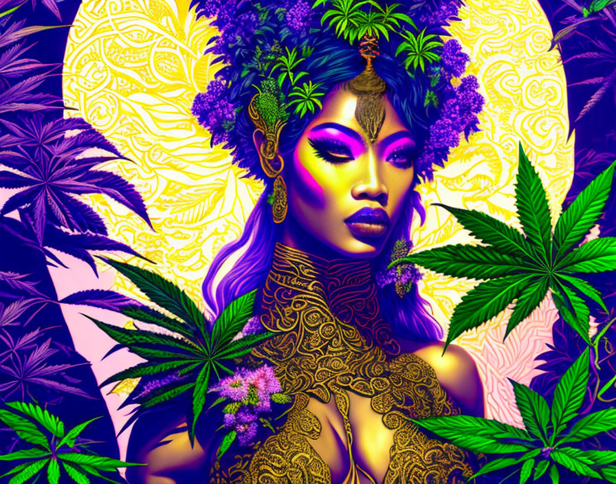 Woman with Purple Makeup Surrounded by Green Foliage and Cannabis Leaves