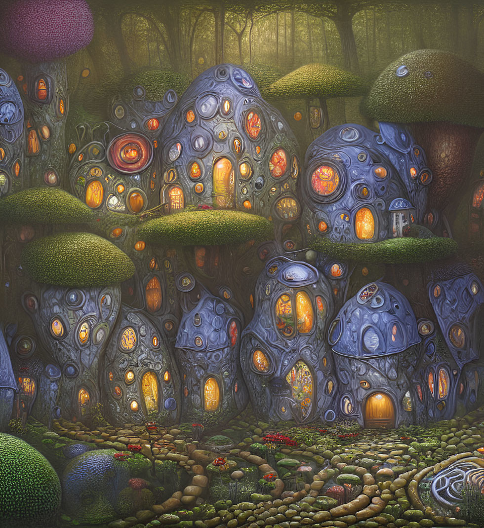 Enchanted forest scene with glowing mushroom houses