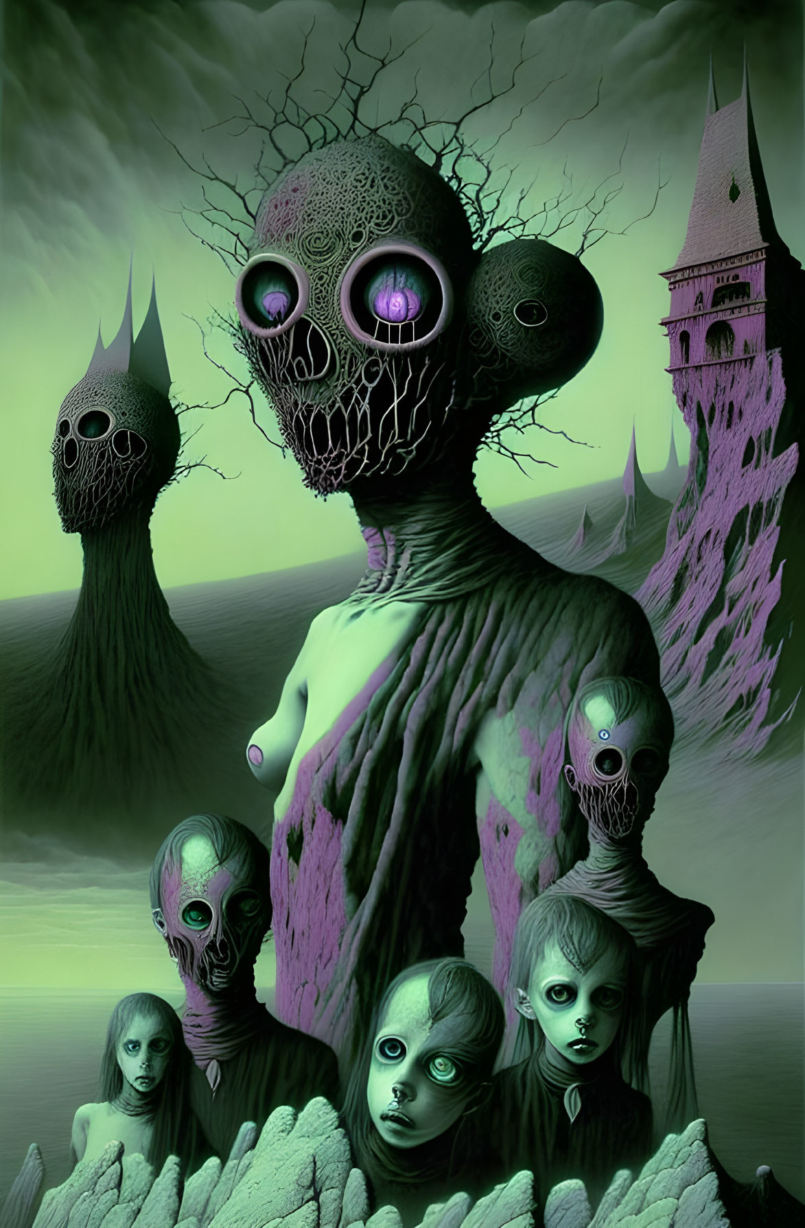 Surreal green-toned image: Figure with multiple skull-like heads in dark castle