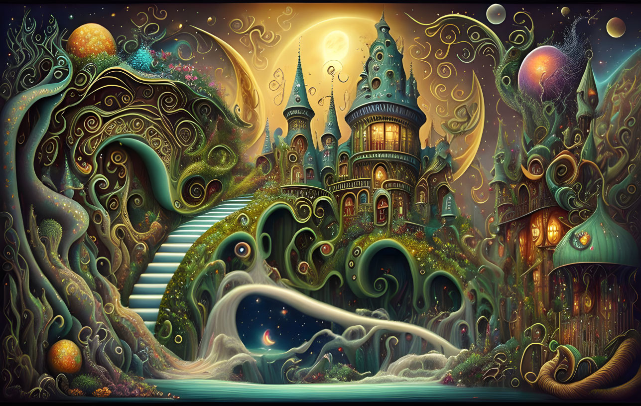 Surreal castle in whimsical fantasy landscape with swirling patterns