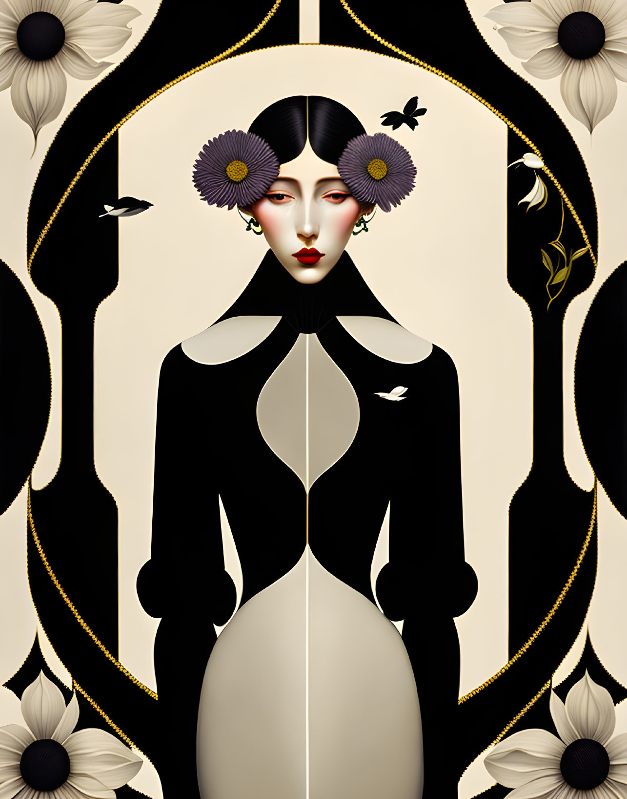 Symmetrical Art Deco Woman Illustration with Floral and Avian Motifs