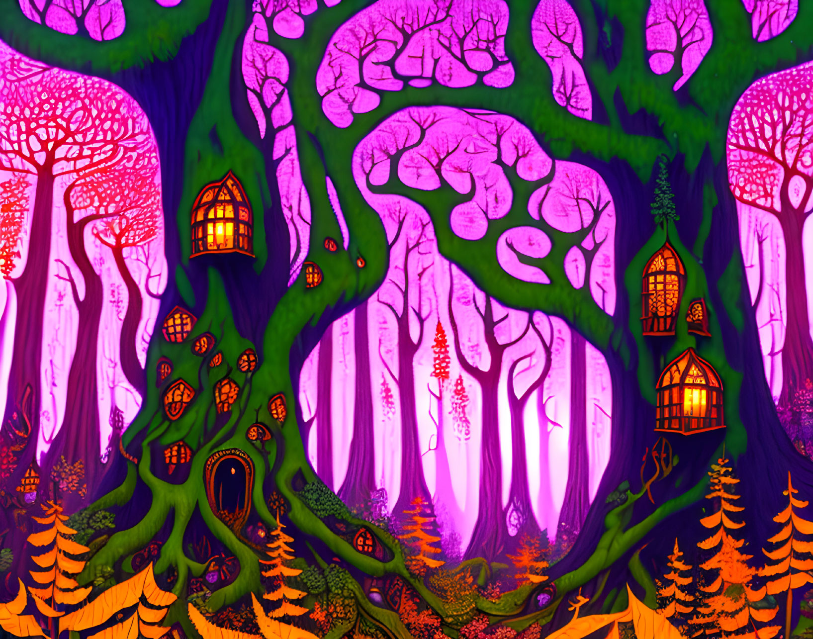 Purple Trees and Houses in Whimsical Forest Scene