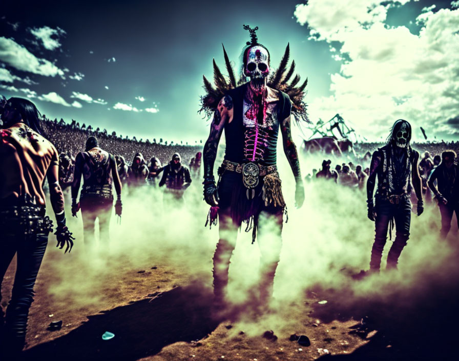 Post-apocalyptic group with skull-faced figure in elaborate costume.