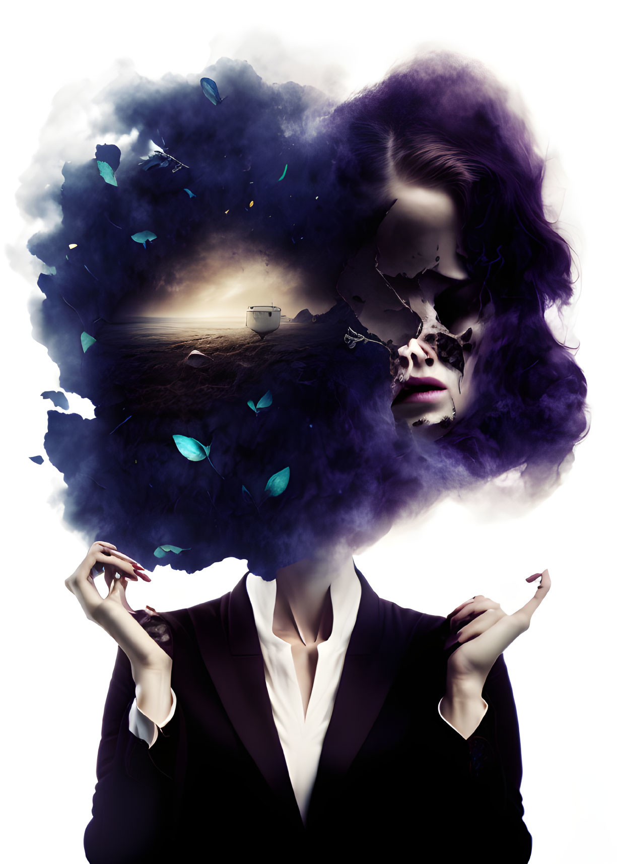 Surreal portrait of woman with head dissolving into sunset and butterflies