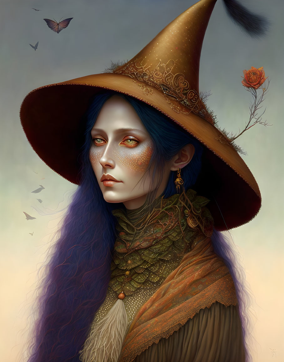 Digital artwork of woman with blue hair in witch's hat and ornate garb.