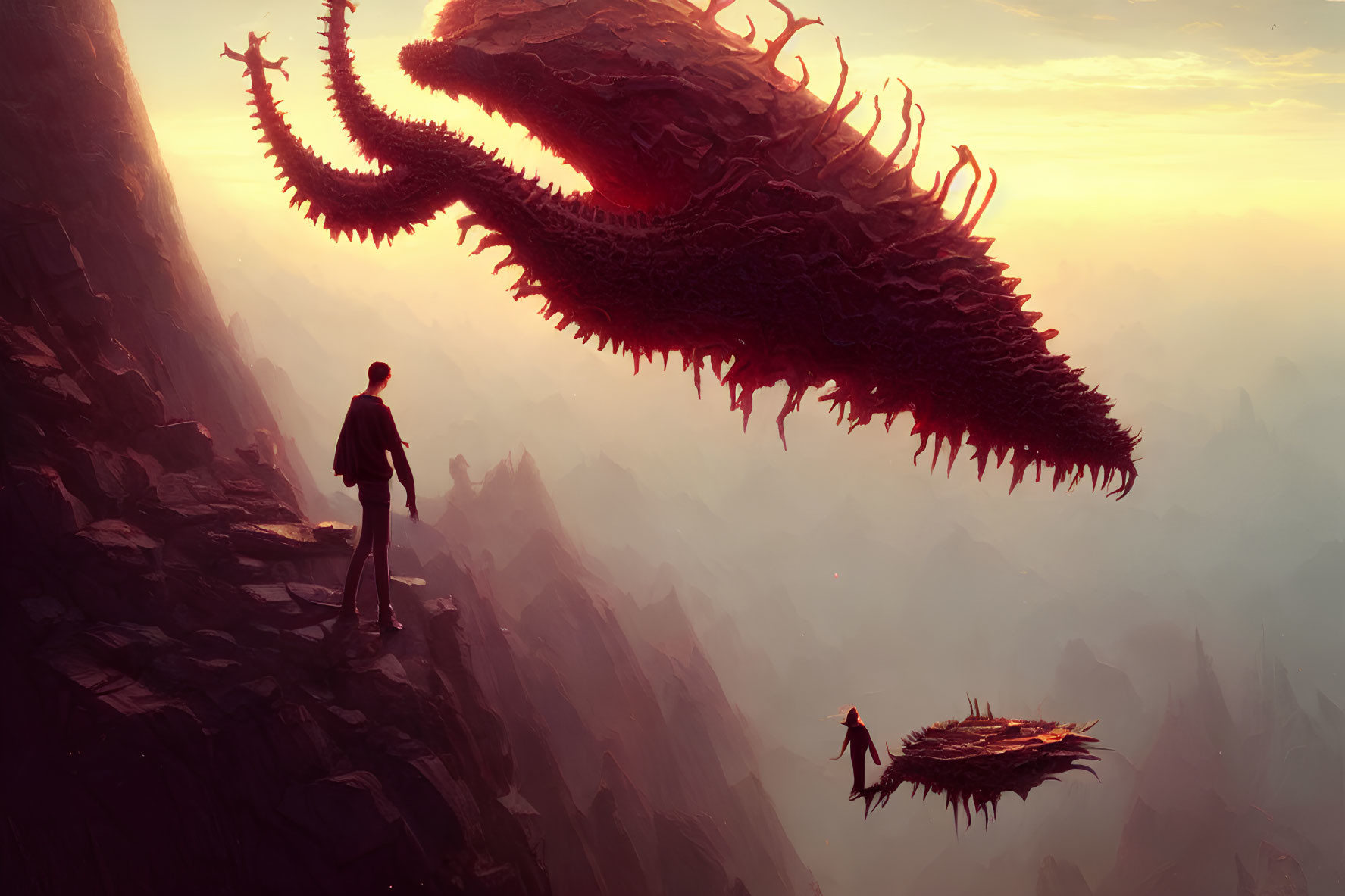 Man gazes at red dragon creature on mountain at sunset