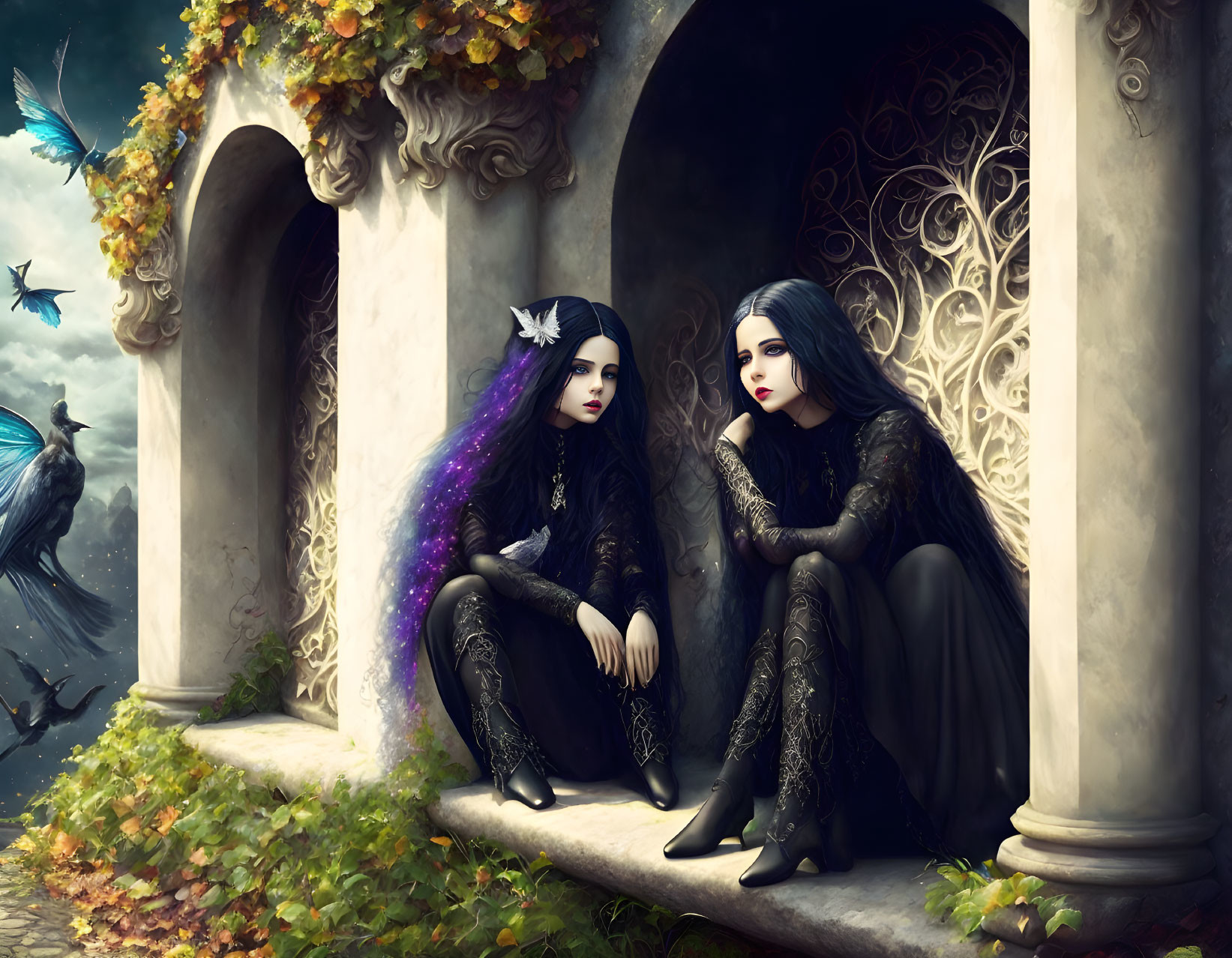 Gothic-styled women with striking makeup near stone archway in mystical setting