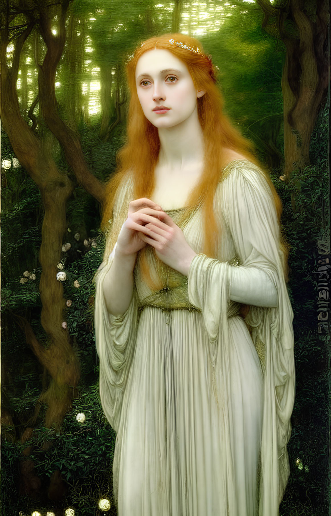 Red-haired woman in white gown and golden headpiece in enchanted forest