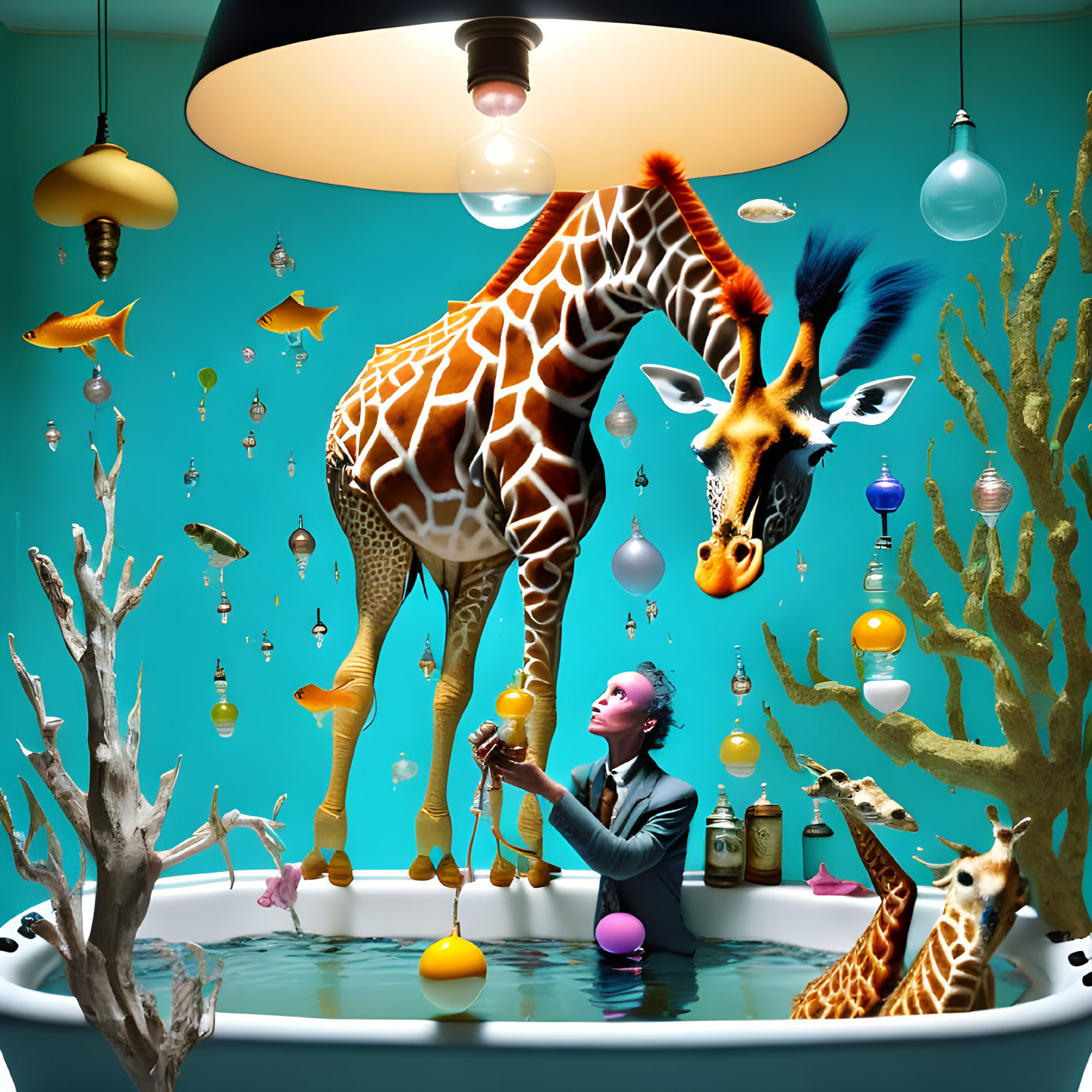 Man in underwater bathtub with floating giraffes, fish, and light bulbs