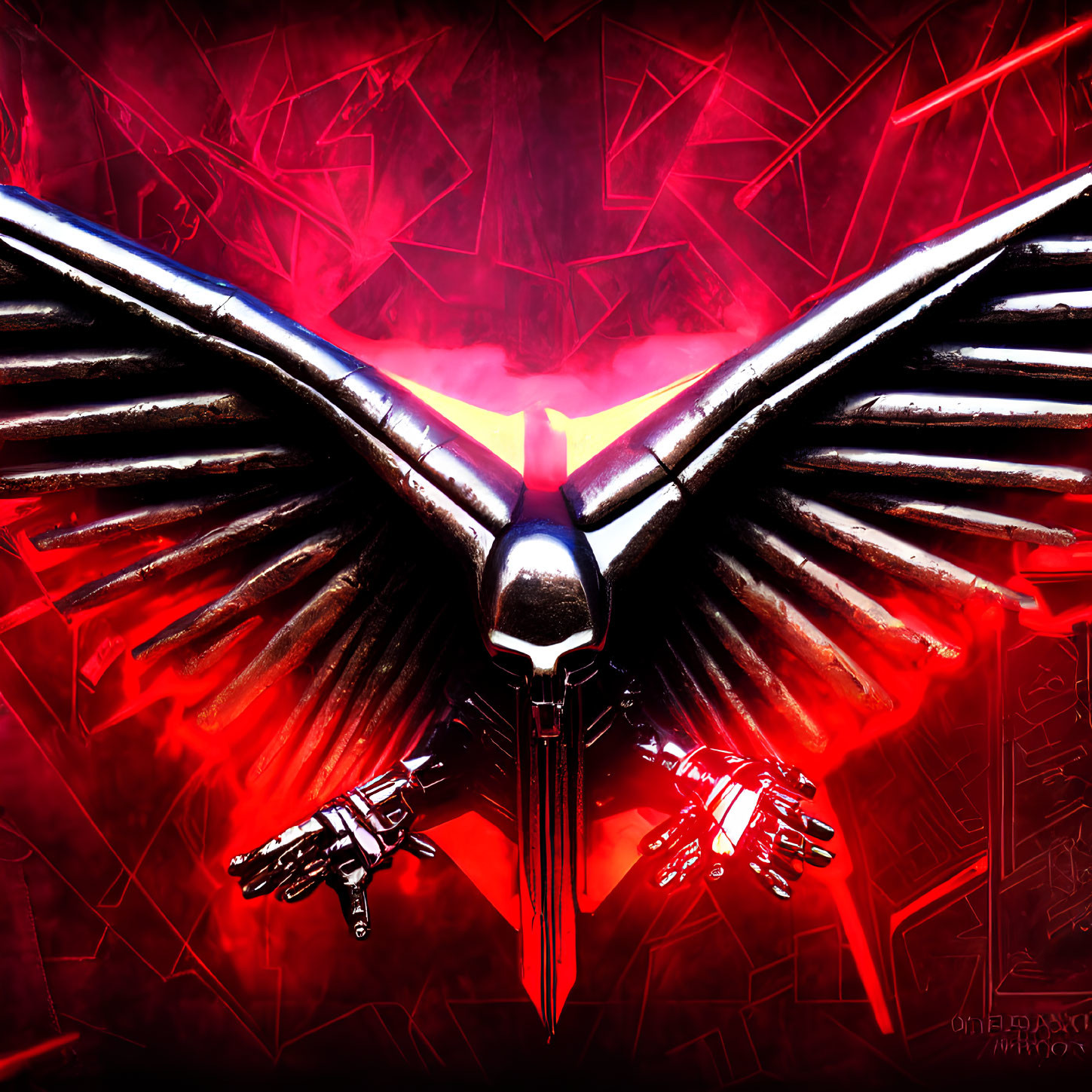 Robotic bird with expansive wings on red geometric background