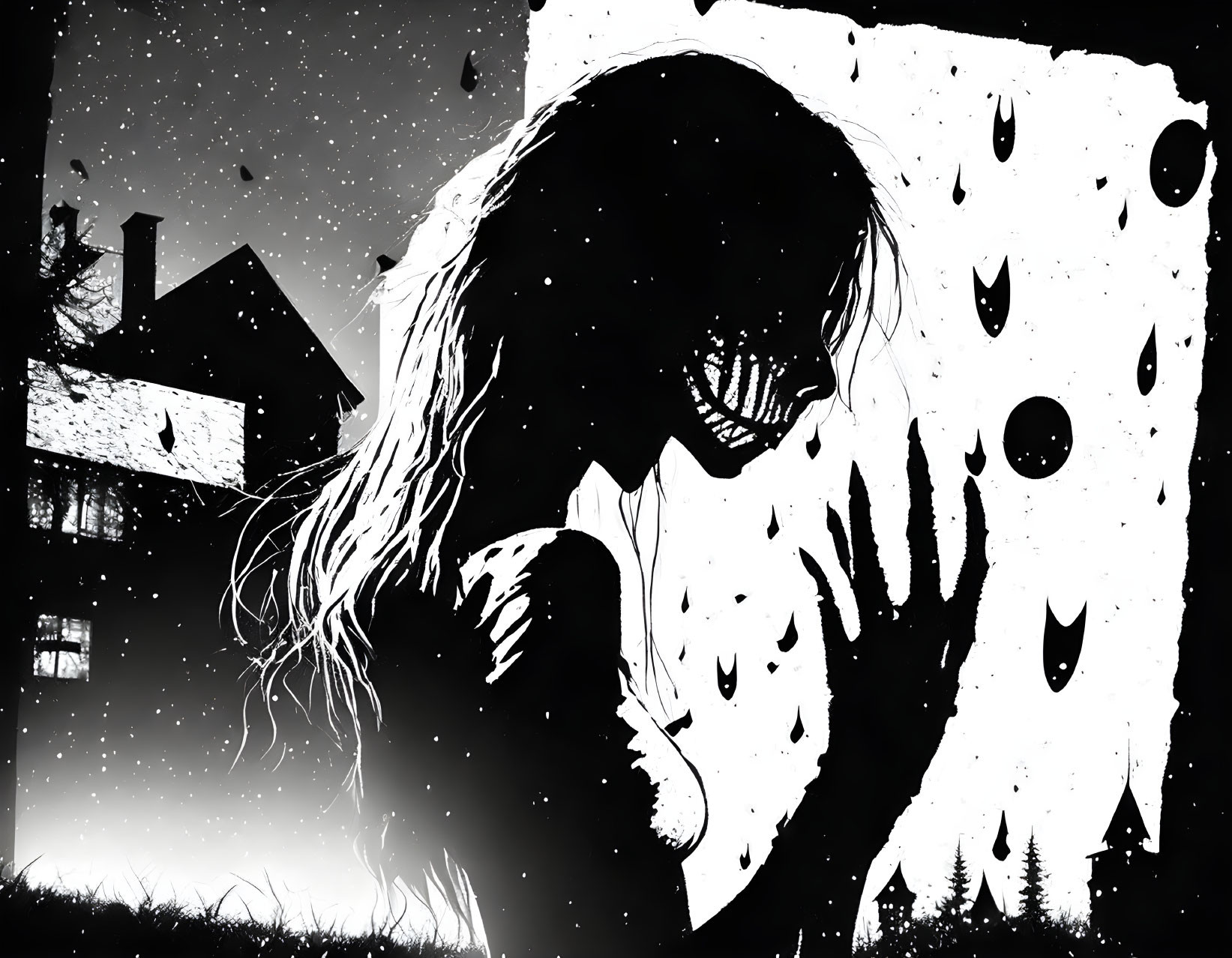 Silhouetted figure in haunted setting with ghosts, spooky house, starry night.