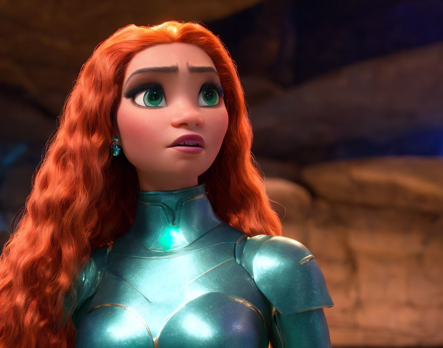 Long red hair, green eyes, teal armor - 3D animated character in concerned pose