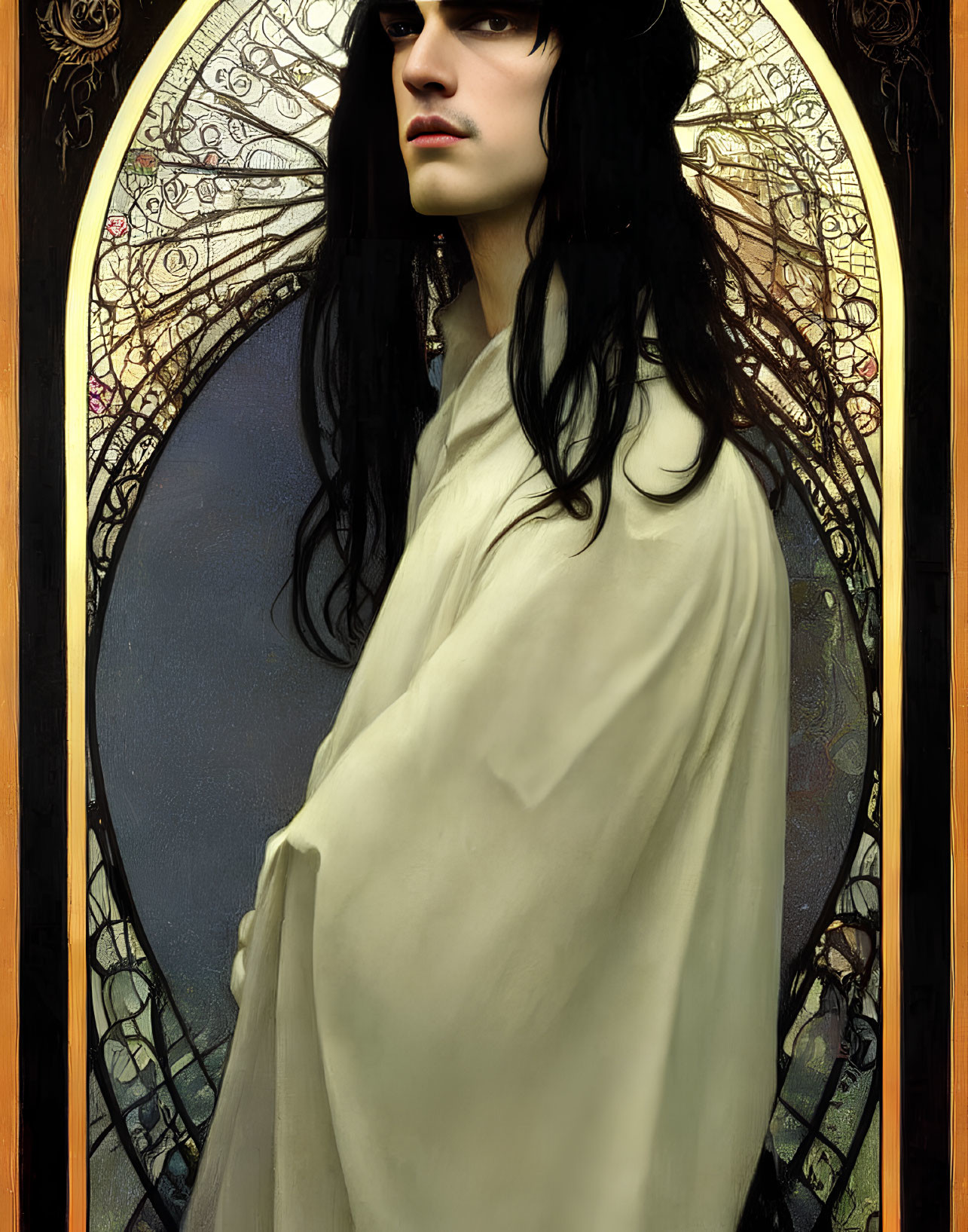 Illustrated male character with long black hair and dramatic makeup in front of stained-glass window