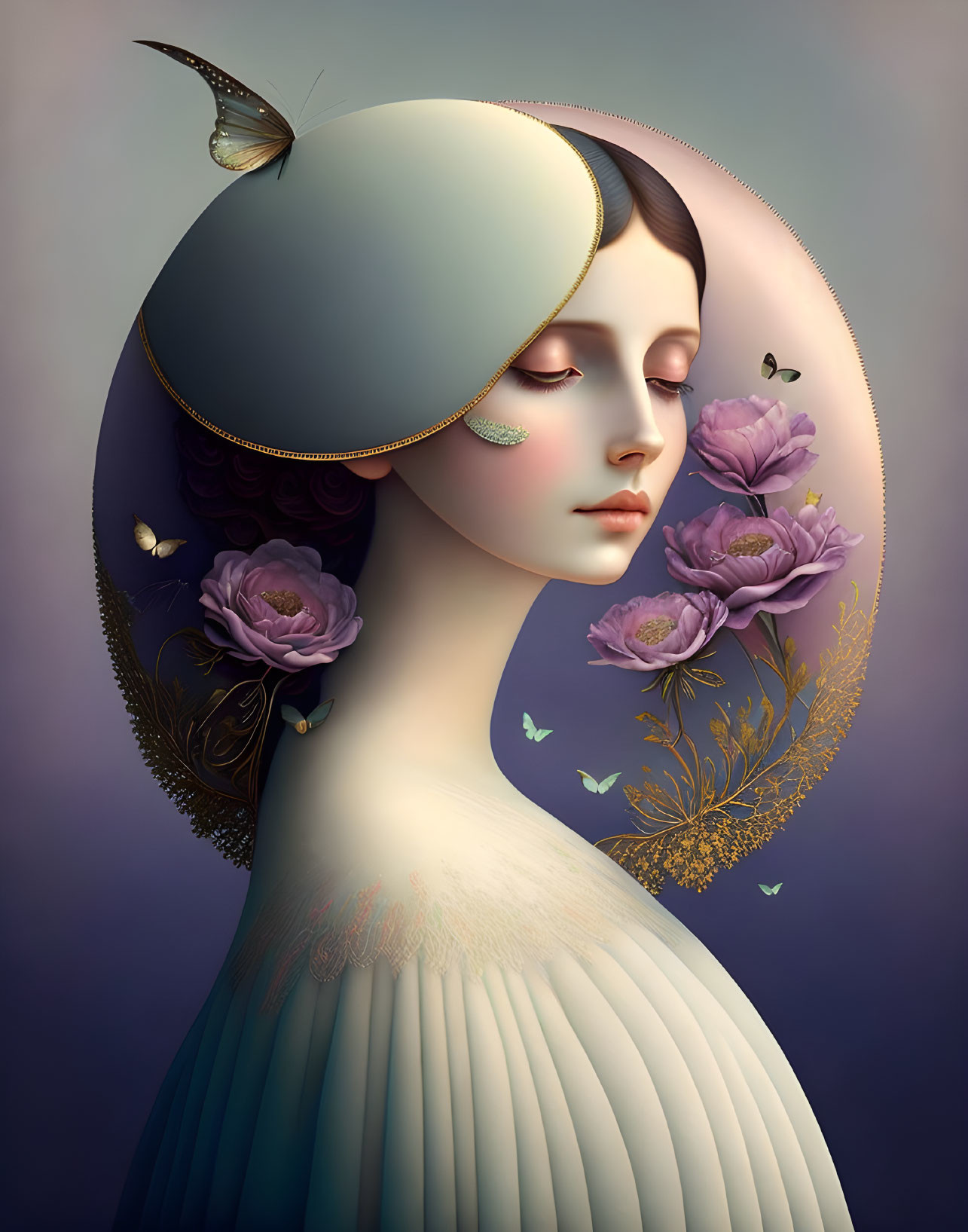 Surreal portrait of a woman with purple flowers, butterflies, and a pale moon halo