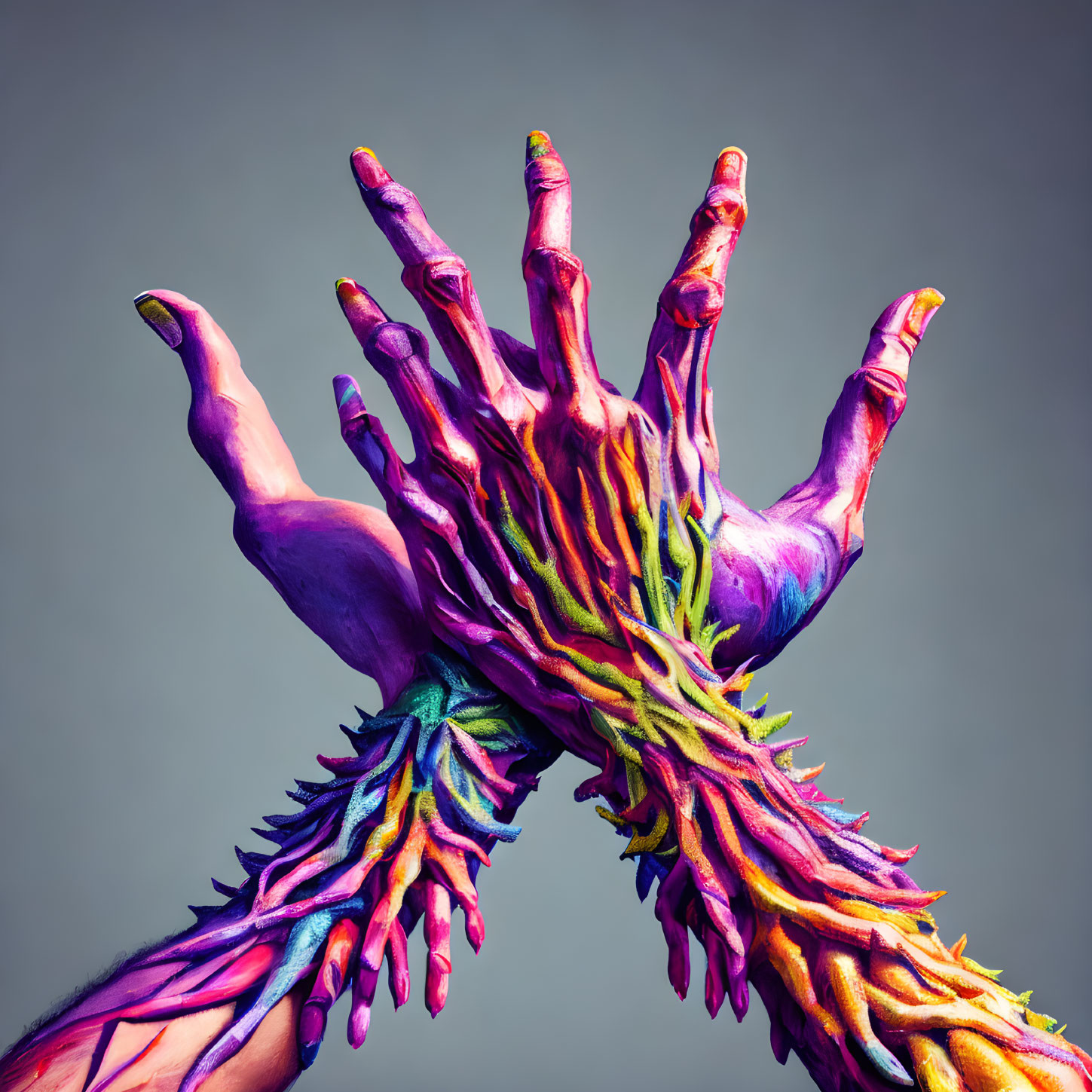 Colorful bird body painting on two hands against gray background