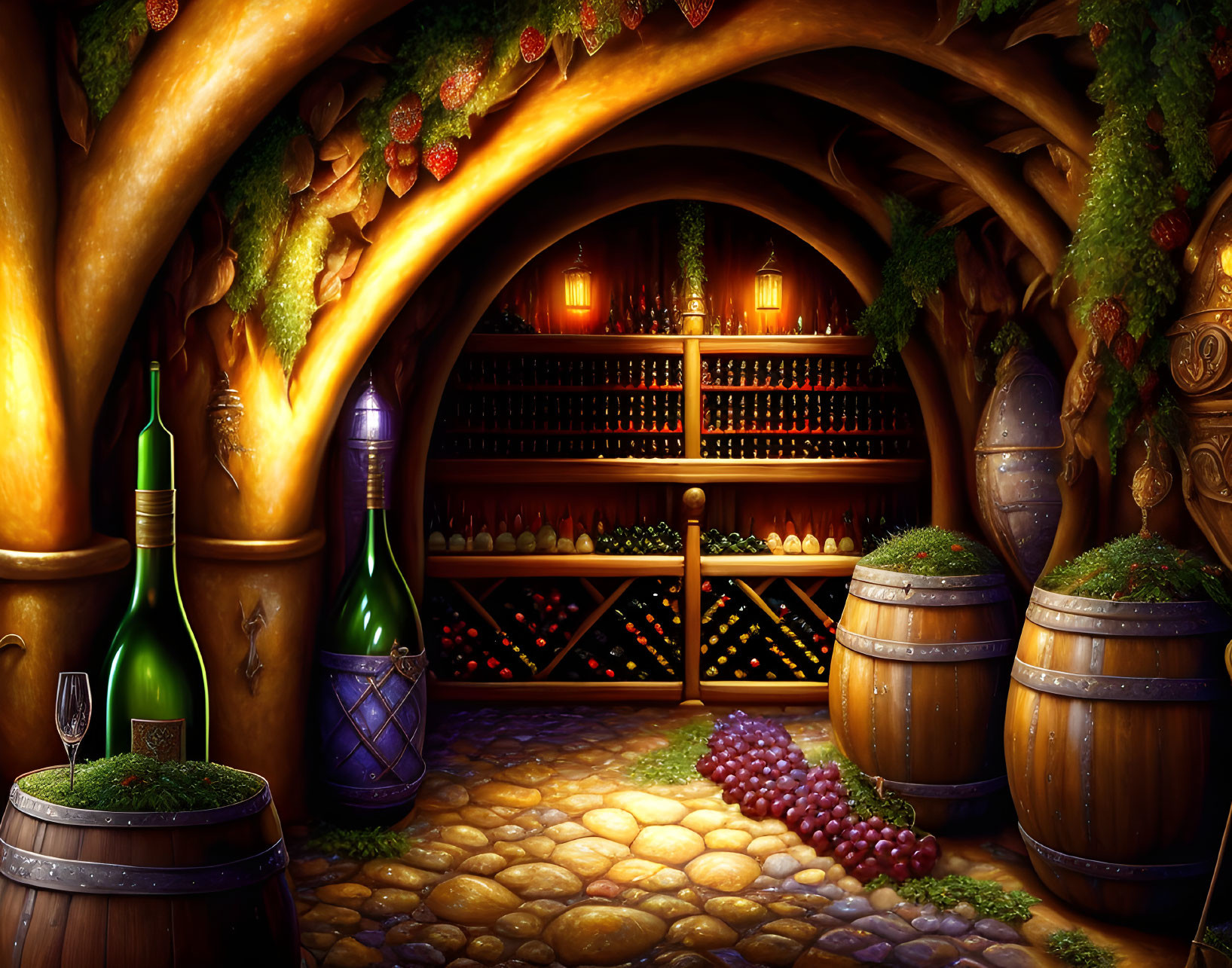 Wine Cellar with Barrels, Bottles, Grapes, and Arched Vine-Cover