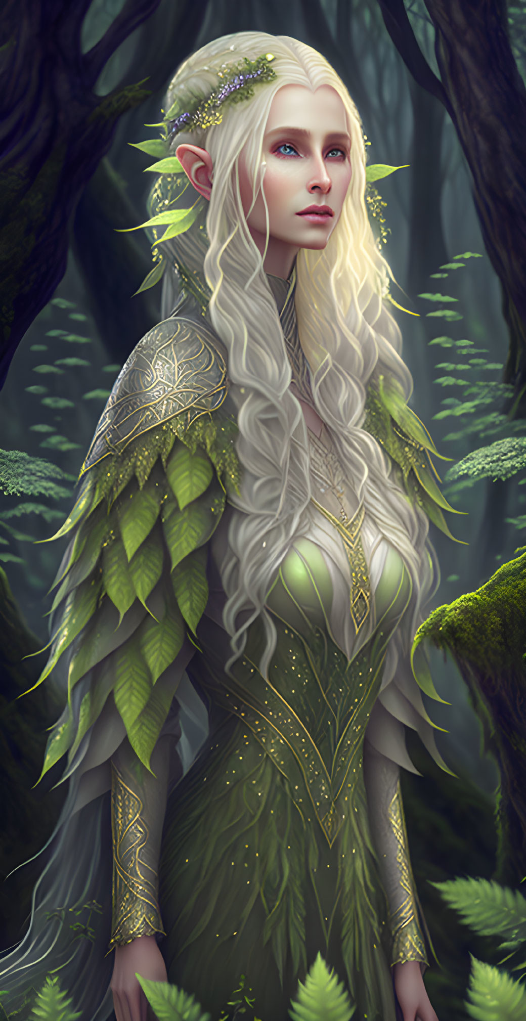 White-Haired Elf in Leafy Armor in Misty Forest