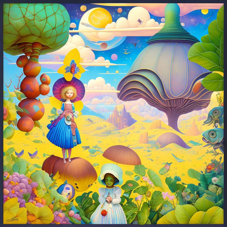 Surreal landscape with figures, oversized flora, and multiple moons