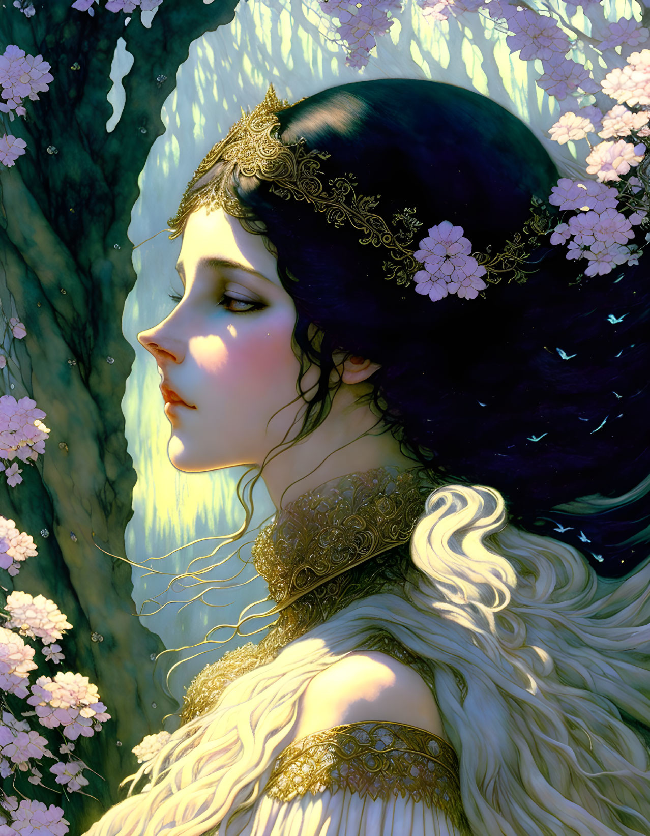 Ethereal woman in gold circlet amidst pink flowers